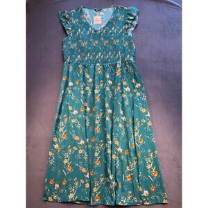 Bloomchic Maxi Dress Flutter Sleeve w/ Pockets- Teal Floral- Women's Size 22-24